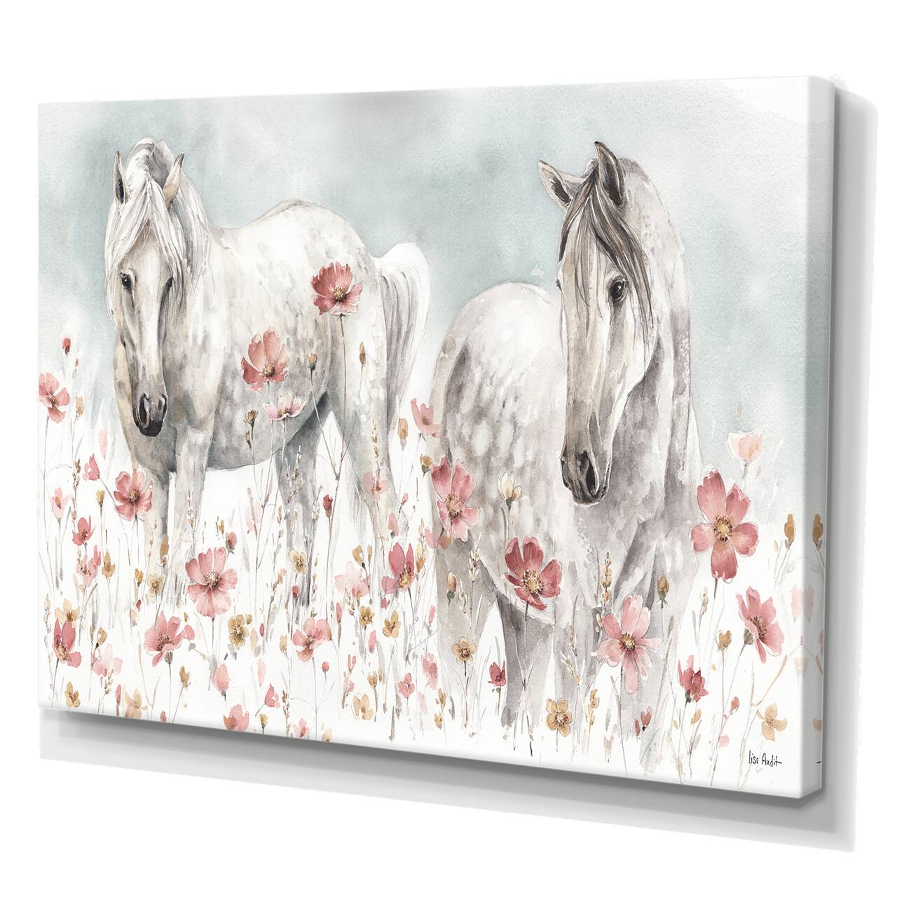 Designart - watercolors Pink Wild Horses - Farmhouse Premium Canvas Wall Art